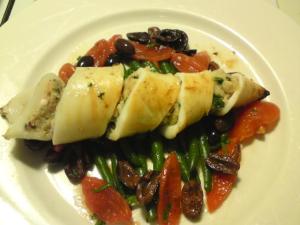 Chargrilled stuffed squid with green bean, olive and tomato salad